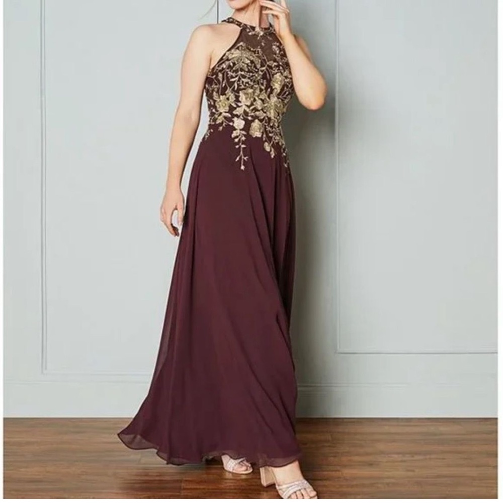 Betsy & Adam Brown and Gold Maxi Dress